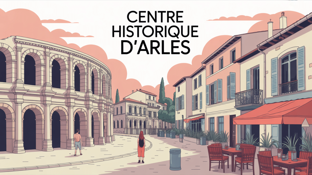 Vue stylisée du centre historique d'Arles en soirée avec arènes et ruelles