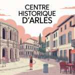 Vue stylisée du centre historique d'Arles en soirée avec arènes et ruelles