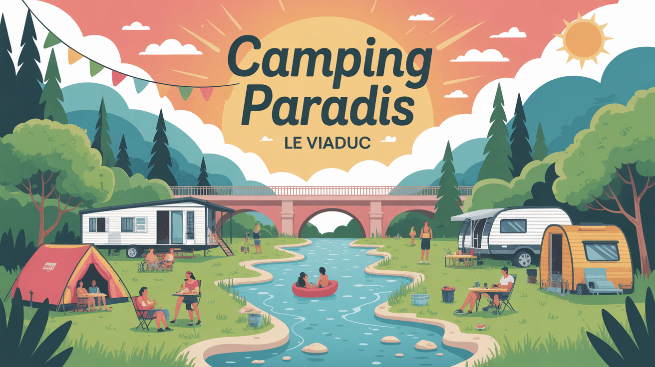 vue générale camping paradis le viaduc avec viaduc et rivière