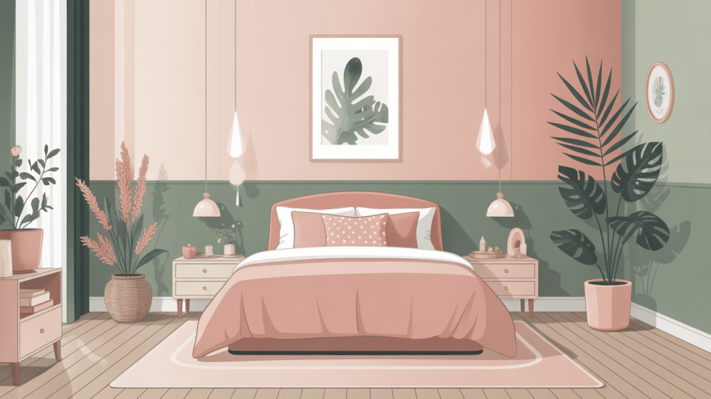 illustration chambre verte et rose élégante adulte et enfant