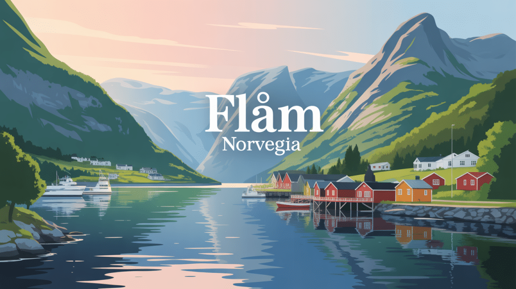 Flam Norvegia illustration village fjord montagne