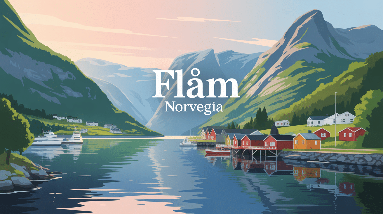 Flam Norvegia illustration village fjord montagne