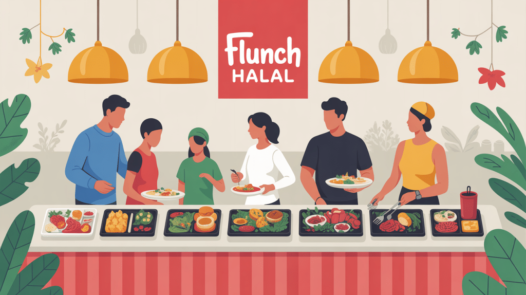 Famille devant buffet flunch halal