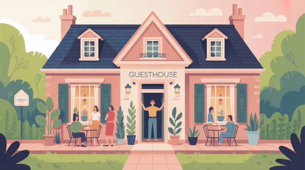 illustration guesthouse façade accueillante voyageurs