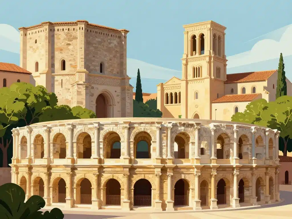 Panorama stylisé des monuments du centre historique d'Arles