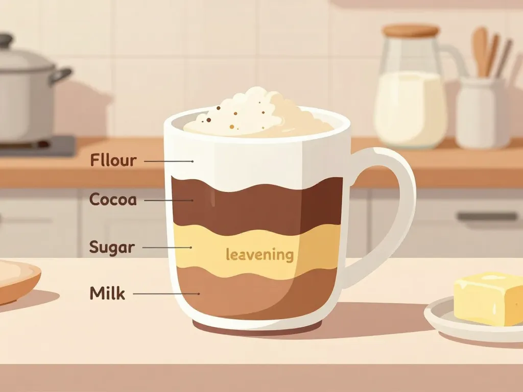 Mug cake chocolat coupe montrant ingrédients essentiels