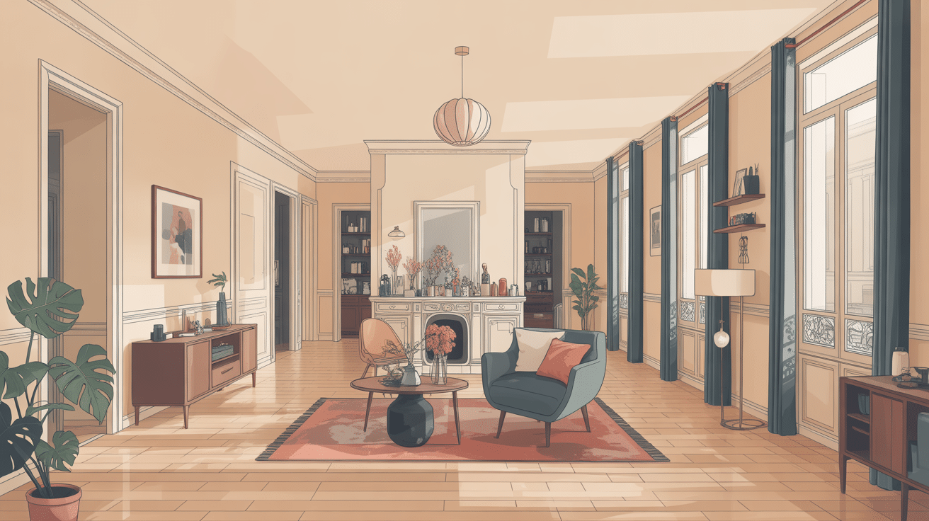 intérieur haussmannien lumineux avec pièces en enfilade