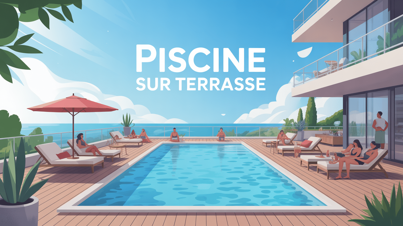 Illustration piscine sur une terrasse design été ambiance conviviale