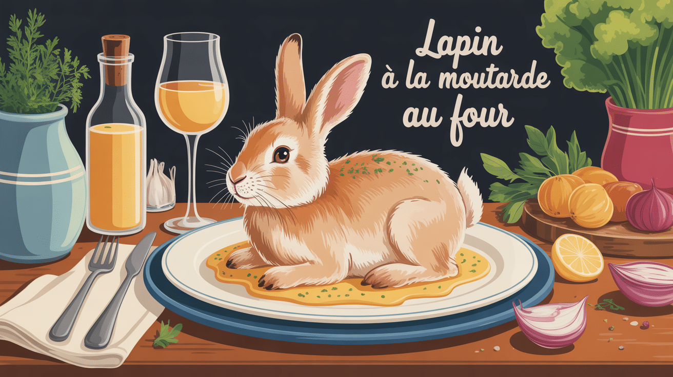 Recette lapin à la moutarde au four servie à table avec sauce crémeuse