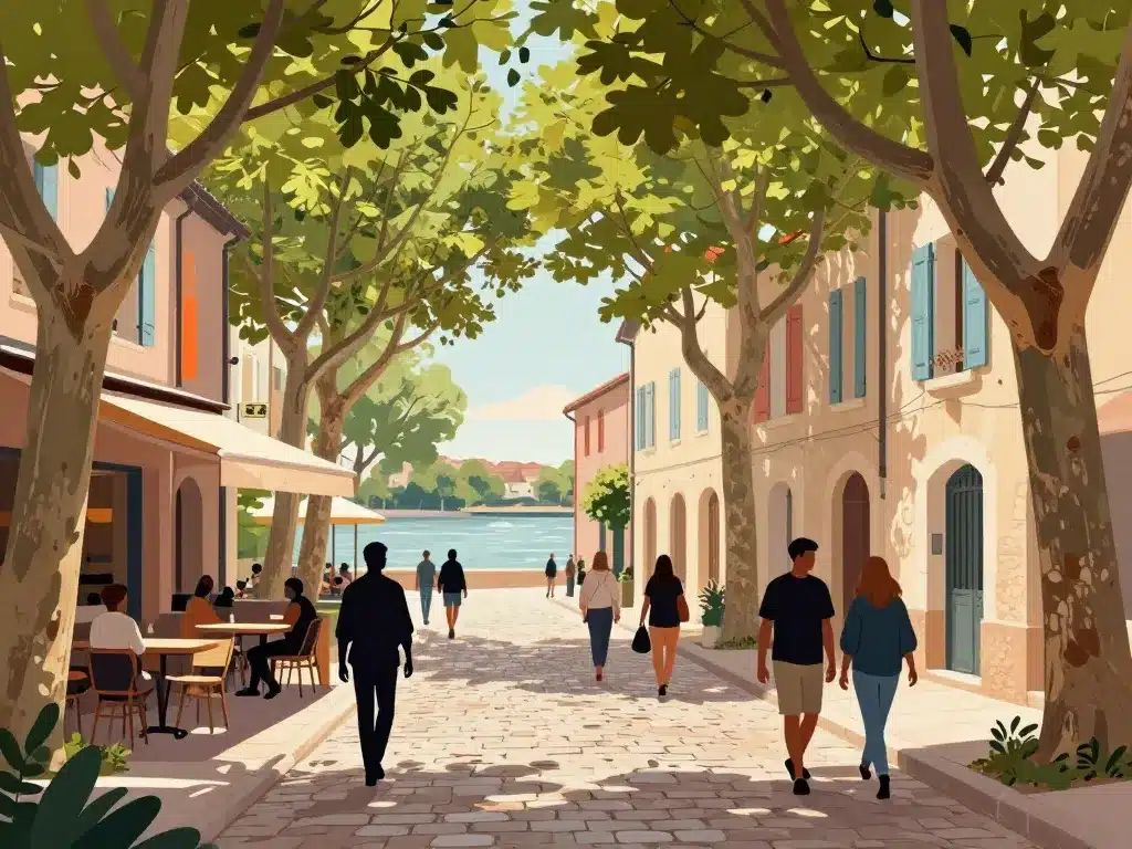 Scène animée dans les rues du centre historique d'Arles avec vue Rhône