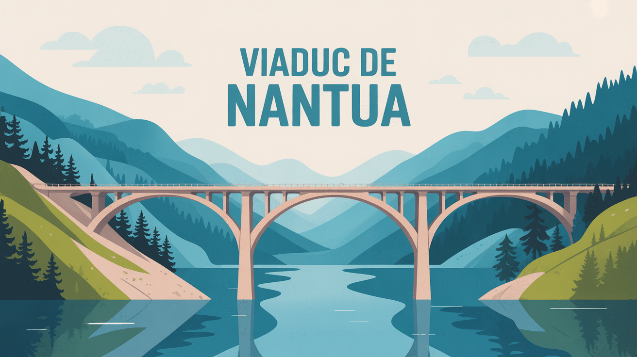 Illustration du viaduc de Nantua, lac et forêt en arrière-plan