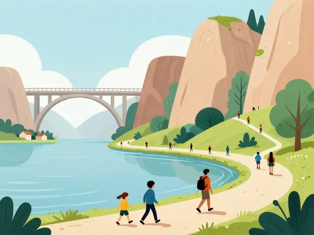 Scène dynamique près du viaduc de Nantua, lac, falaises et village