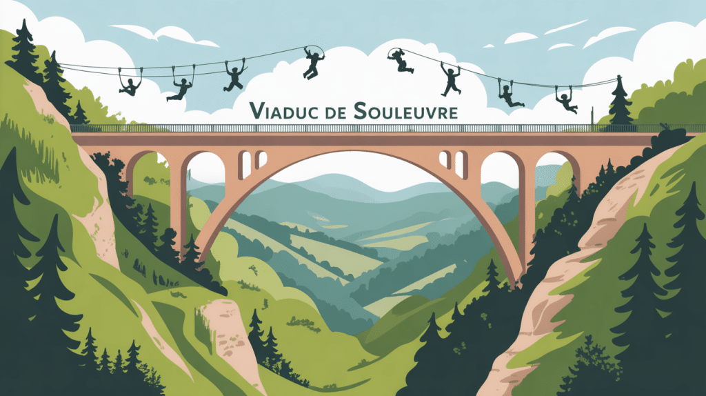 Vue stylisée du viaduc de Souleuvre avec activités d’aventure