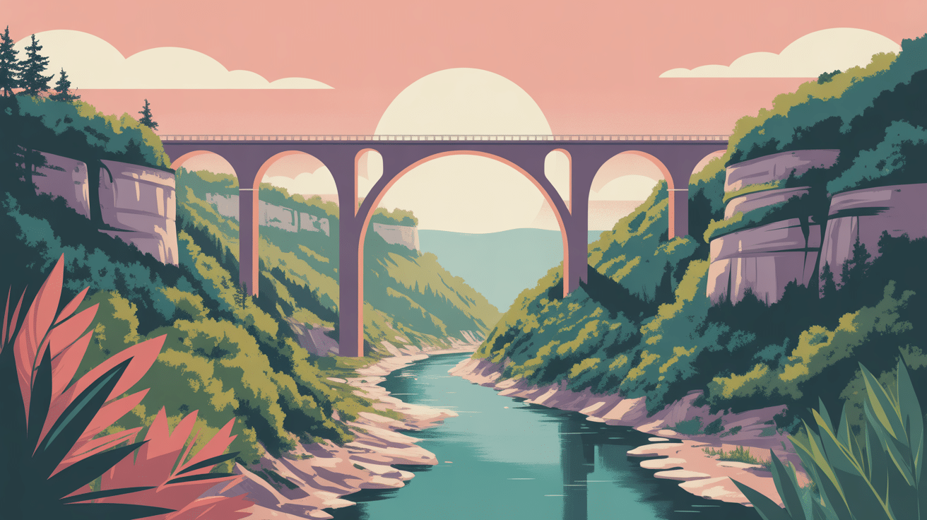 Vue stylisée du viaduc des Fades dominant les gorges