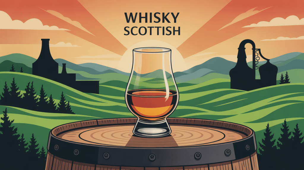 illustration whisky scottish verre tulipe sur tonneau