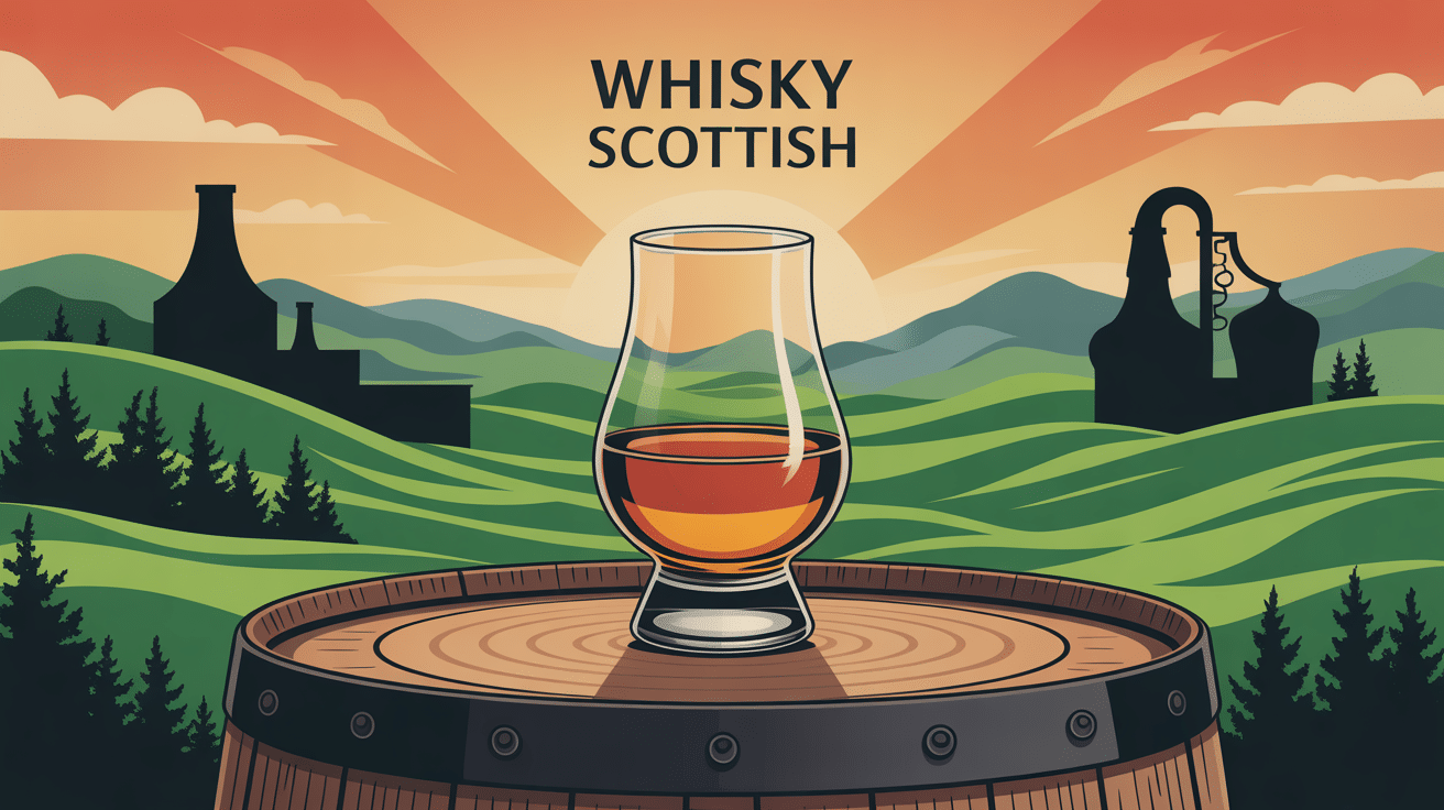 illustration whisky scottish verre tulipe sur tonneau