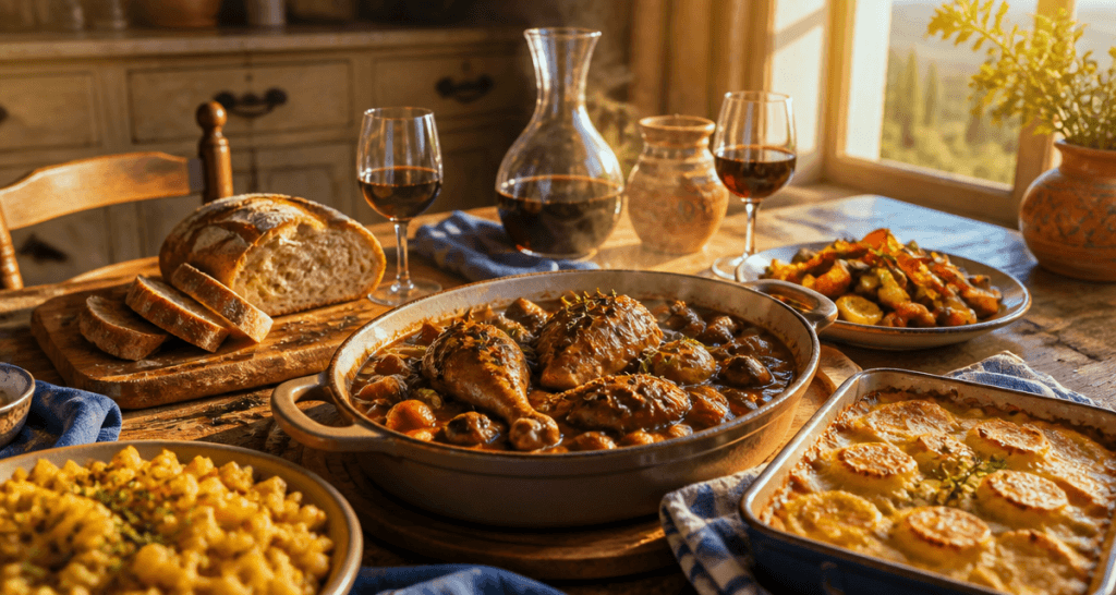accompagnement coq au vin sur table avec spätzle et gratin
