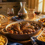 accompagnement coq au vin sur table avec spätzle et gratin