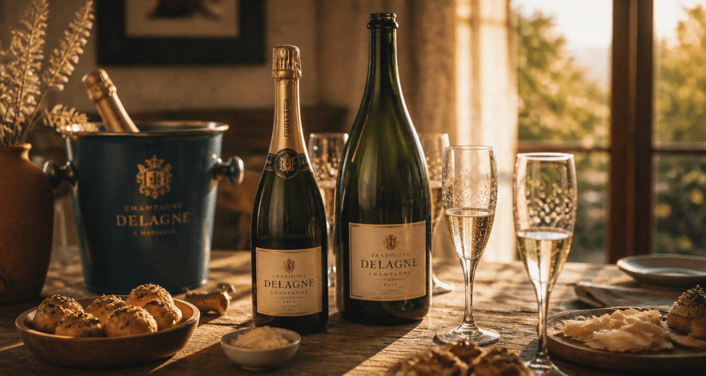 champagne tradition de delagne bouteille et flûtes sur table