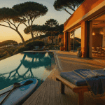 corse location villa bord de mer terrasse piscine golden hour