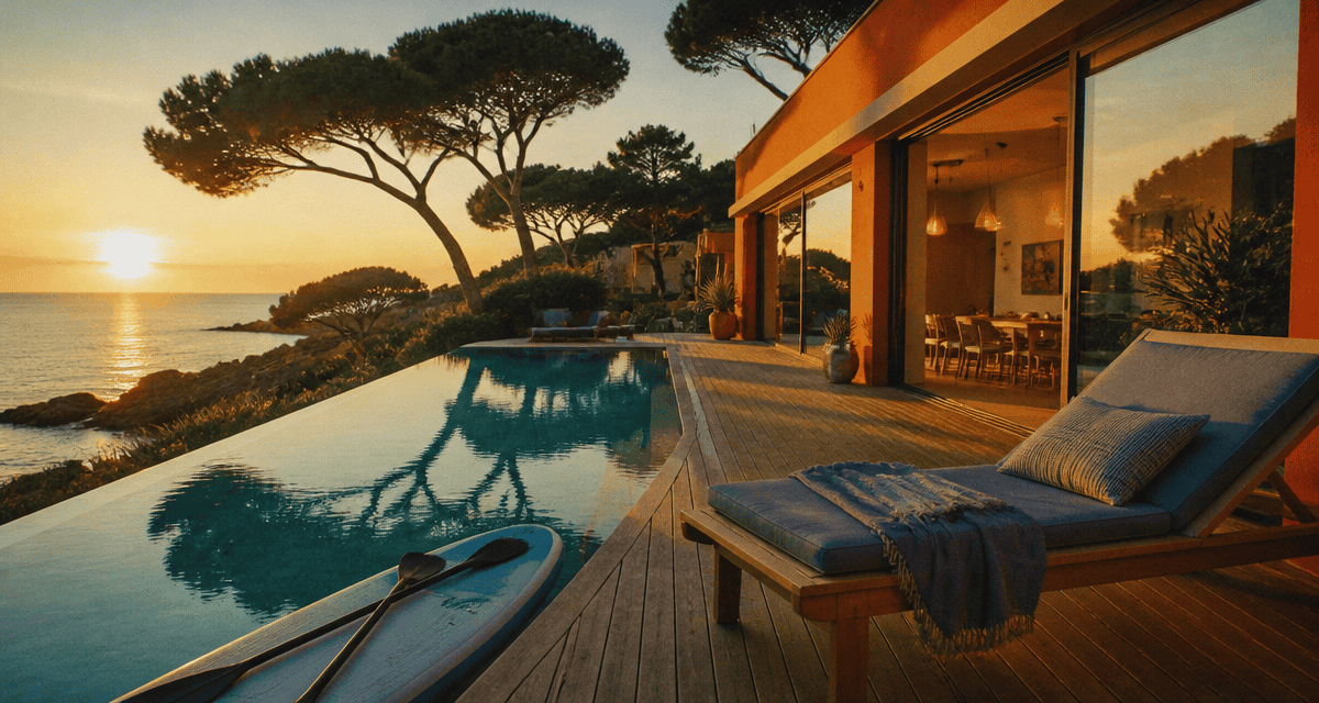 corse location villa bord de mer terrasse piscine golden hour
