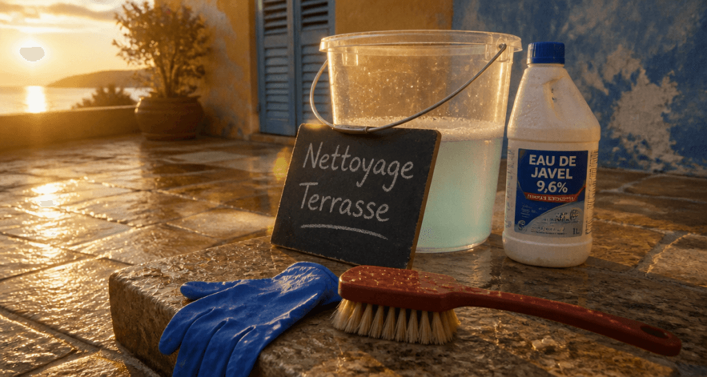 dilution javel 9 6 pour nettoyage terrasse seau brosse gants