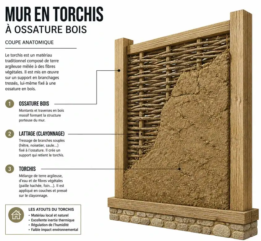 Schéma technique de la composition d'un mur en torchis avec ossature bois et clayonnage