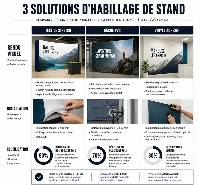 Comparatif des solutions d'habillage de stand salon : Textile, Bâche et Vinyle