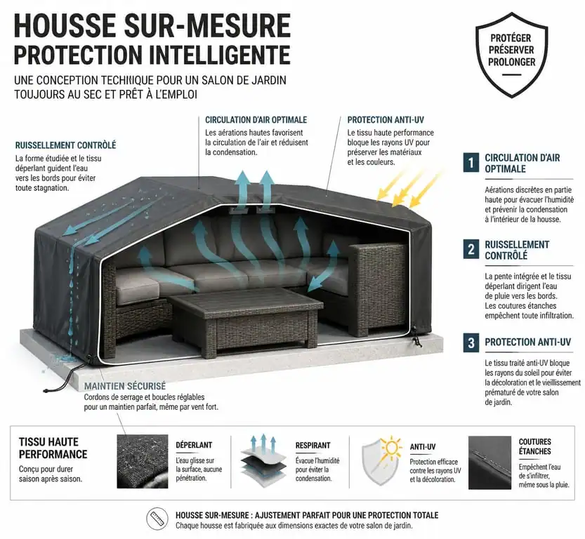 Schéma technique des avantages d'une housse de salon de jardin sur mesure pour la protection extérieure