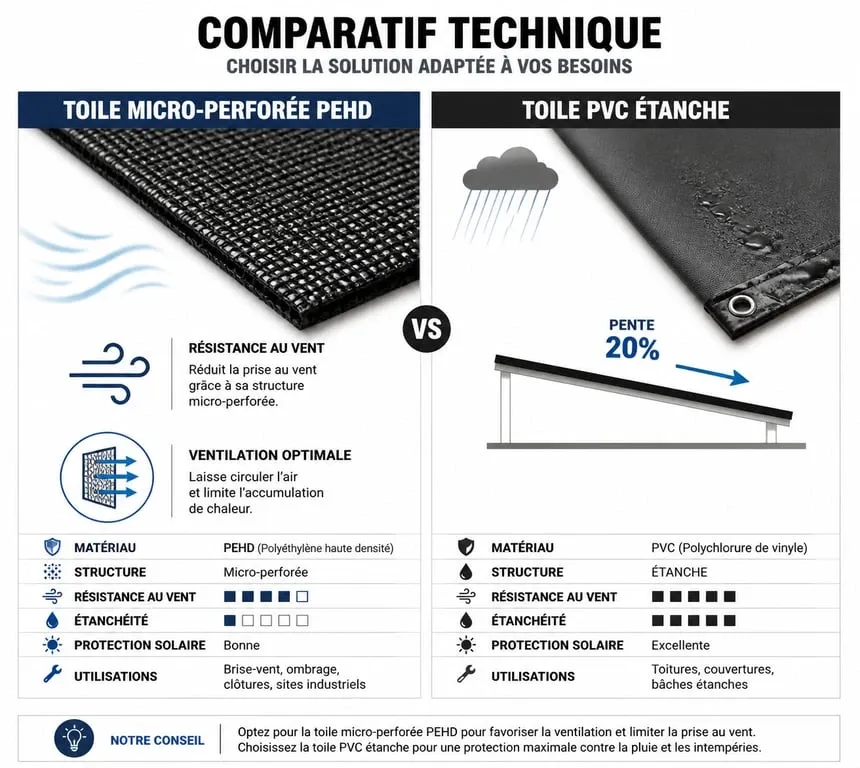 Comparatif technique des bâches d'ombrage : toile micro-perforée PEHD vs bâche PVC étanche pour terrasse.