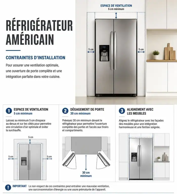 Schéma technique des contraintes d'intégration d'un frigo américain dans une cuisine
