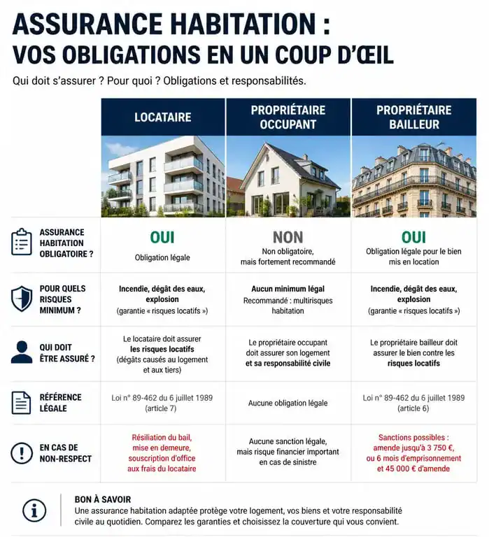 Tableau comparatif des obligations d'assurance habitation pour locataire et propriétaire
