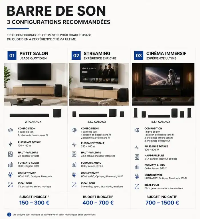 Infographie comparative des configurations de barres de son pour le meilleur rapport qualité prix