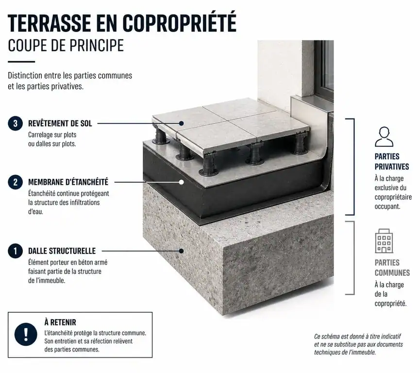 Schéma de répartition des responsabilités étanchéité terrasse privative copropriété
