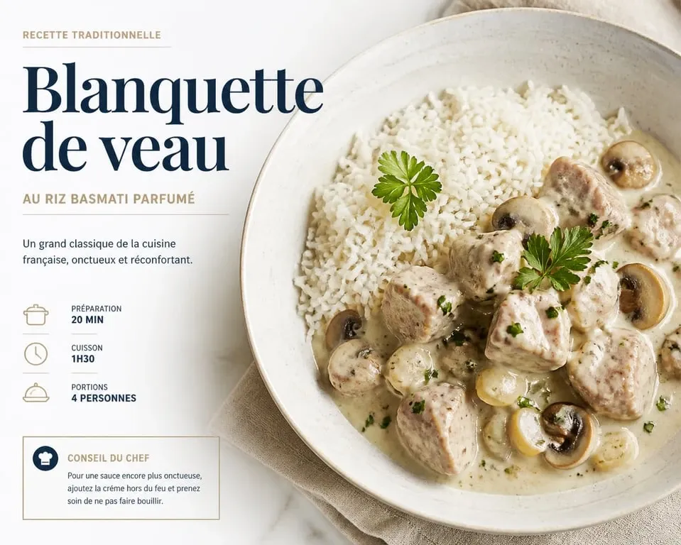 Blanquette de veau traditionnelle et son accompagnement de riz basmati dans une assiette élégante
