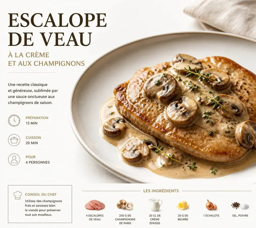 Escalope de veau à la crème et aux champignons avec son accompagnement