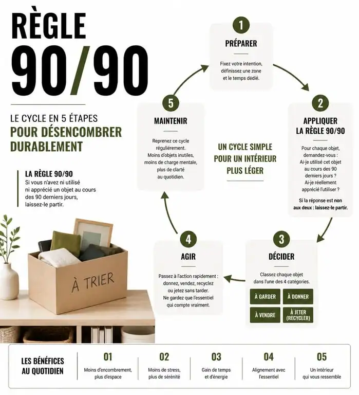 Infographie de la méthode Stootie Media Conseils pour le désencombrement et l'optimisation de l'intérieur avec la règle 90/90