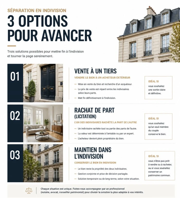Infographie des options de séparation pour un couple non marié possédant une maison en indivision