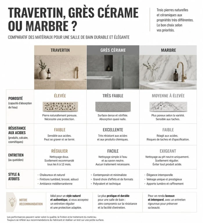 Infographie comparative des matériaux pour salle de bain : travertin vs grès cérame vs marbre