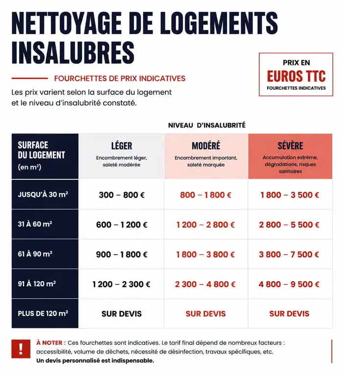 Tableau comparatif des tarifs de nettoyage de maison insalubre selon la surface et le niveau d'insalubrité