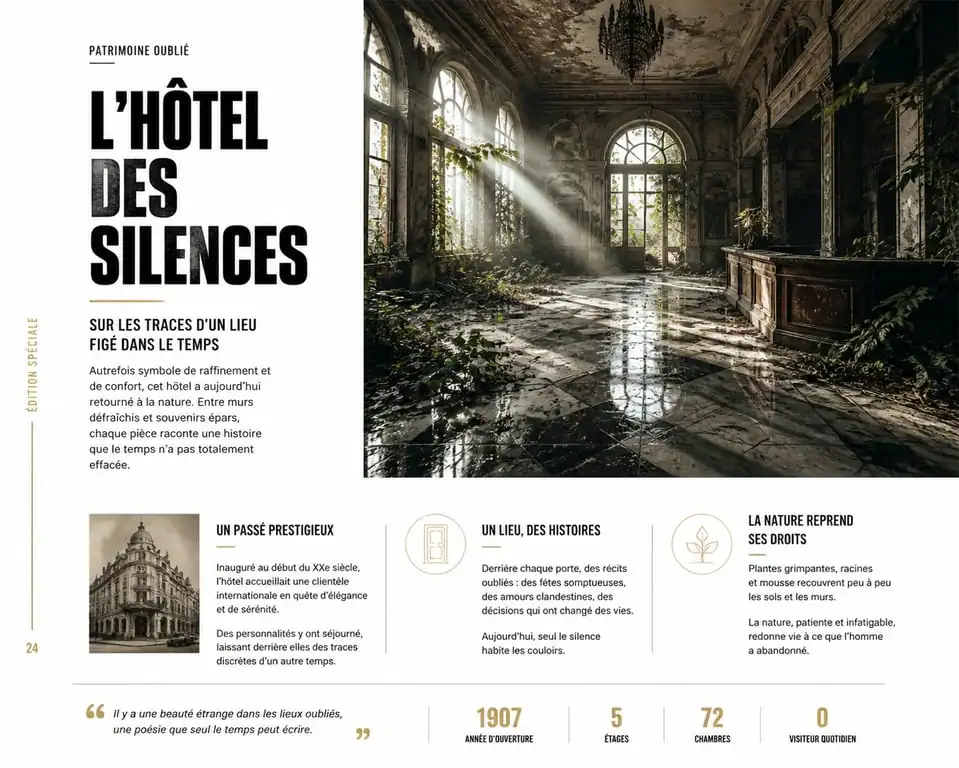 Hôtel abandonné urbex avec végétation envahissante et lumière naturelle