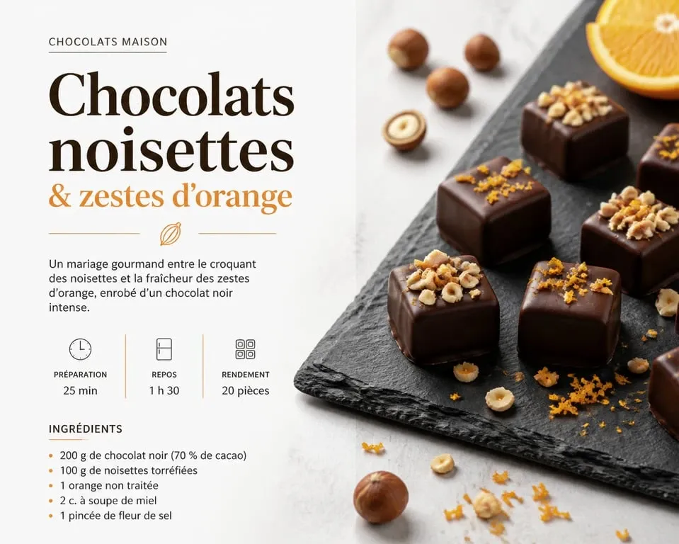 Recette Tonbonbon : chocolats artisanaux faits maison aux noisettes et zestes d'orange