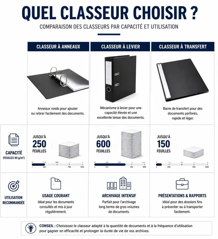 Comparatif visuel des types de classeurs pour une organisation de bureau efficace