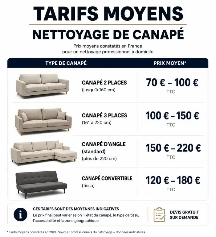 Infographie des tarifs moyens pour le nettoyage professionnel de canapé selon la taille du meuble