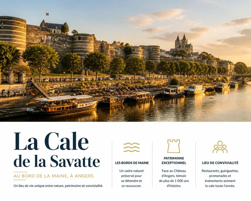 Vue panoramique de la Cale de la Savatte à Angers avec le Château d'Angers en arrière-plan