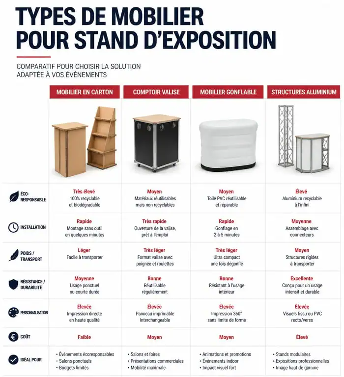 Infographie comparative des types de mobilier pour stand d'exposition