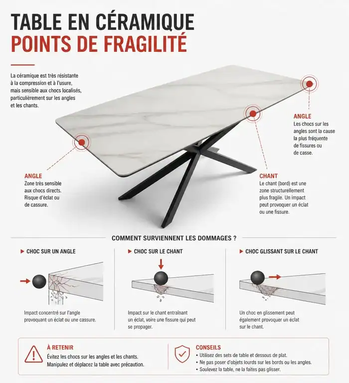 Points de fragilité d'une table en céramique : angles et chants