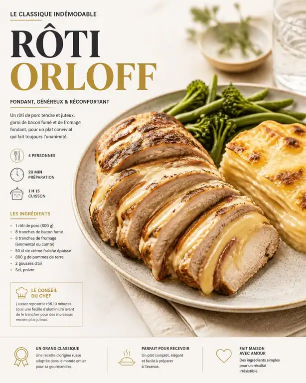 Rôti Orloff tranché avec son accompagnement de gratin dauphinois et légumes