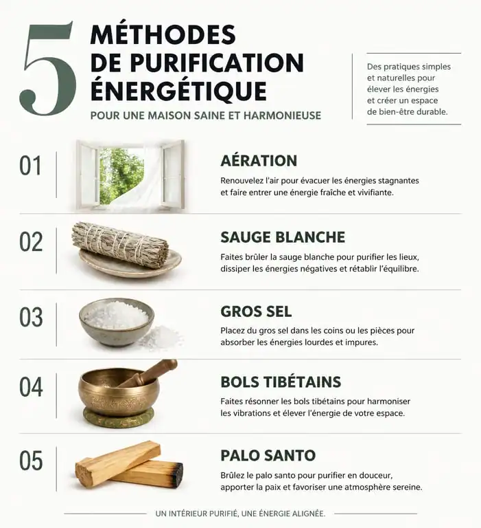 Infographie des méthodes de purification énergétique pour purifier sa maison des mauvaises ondes