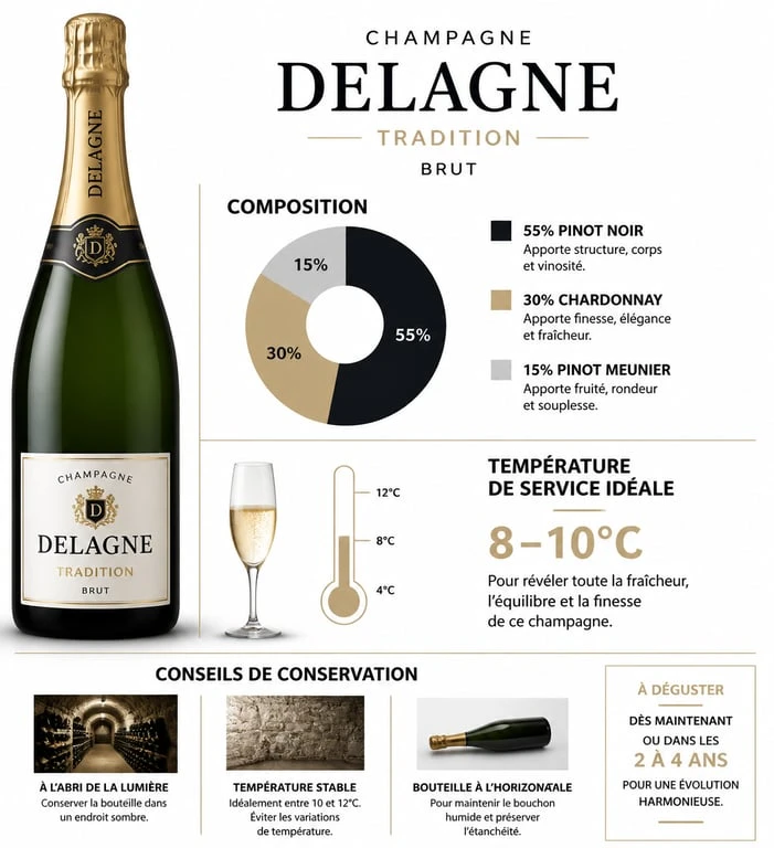 Infographie des caractéristiques techniques et conseils de dégustation du Champagne Tradition de Delagne